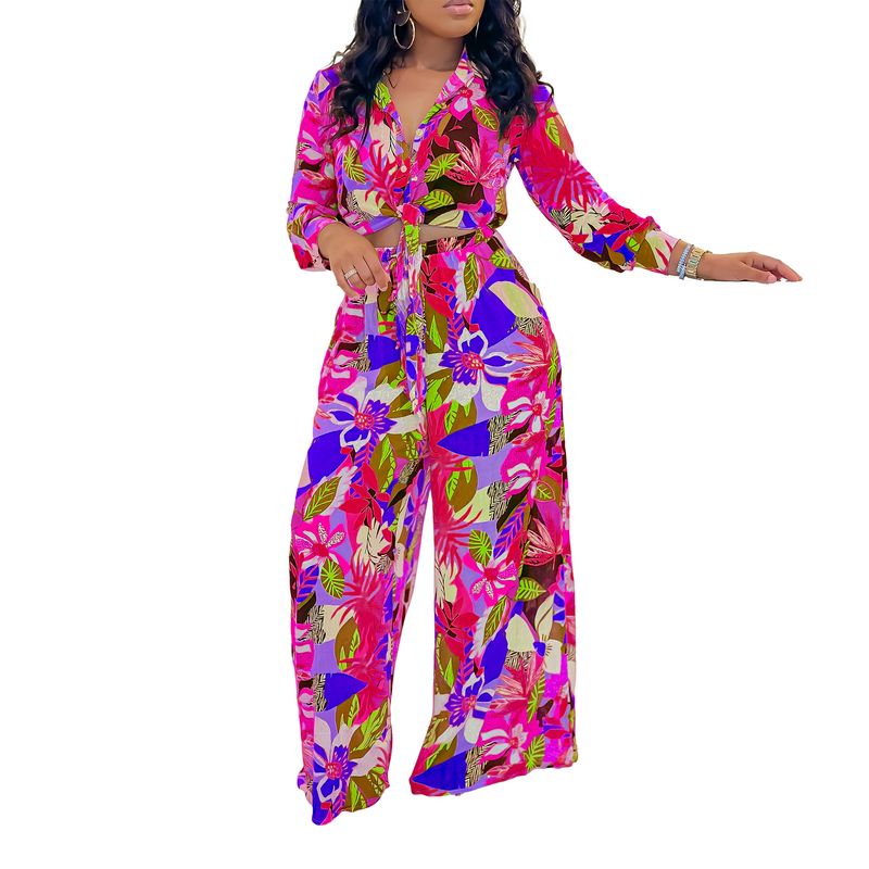 Women's Fashion Print Two-piece Lapel Tie Shirt Wide Leg Pants Suit_voghion.com