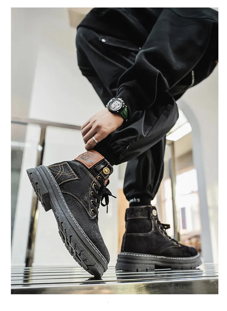 Denim Mid Top Casual Boots For Men Breathable Height Increasing_voghion.com