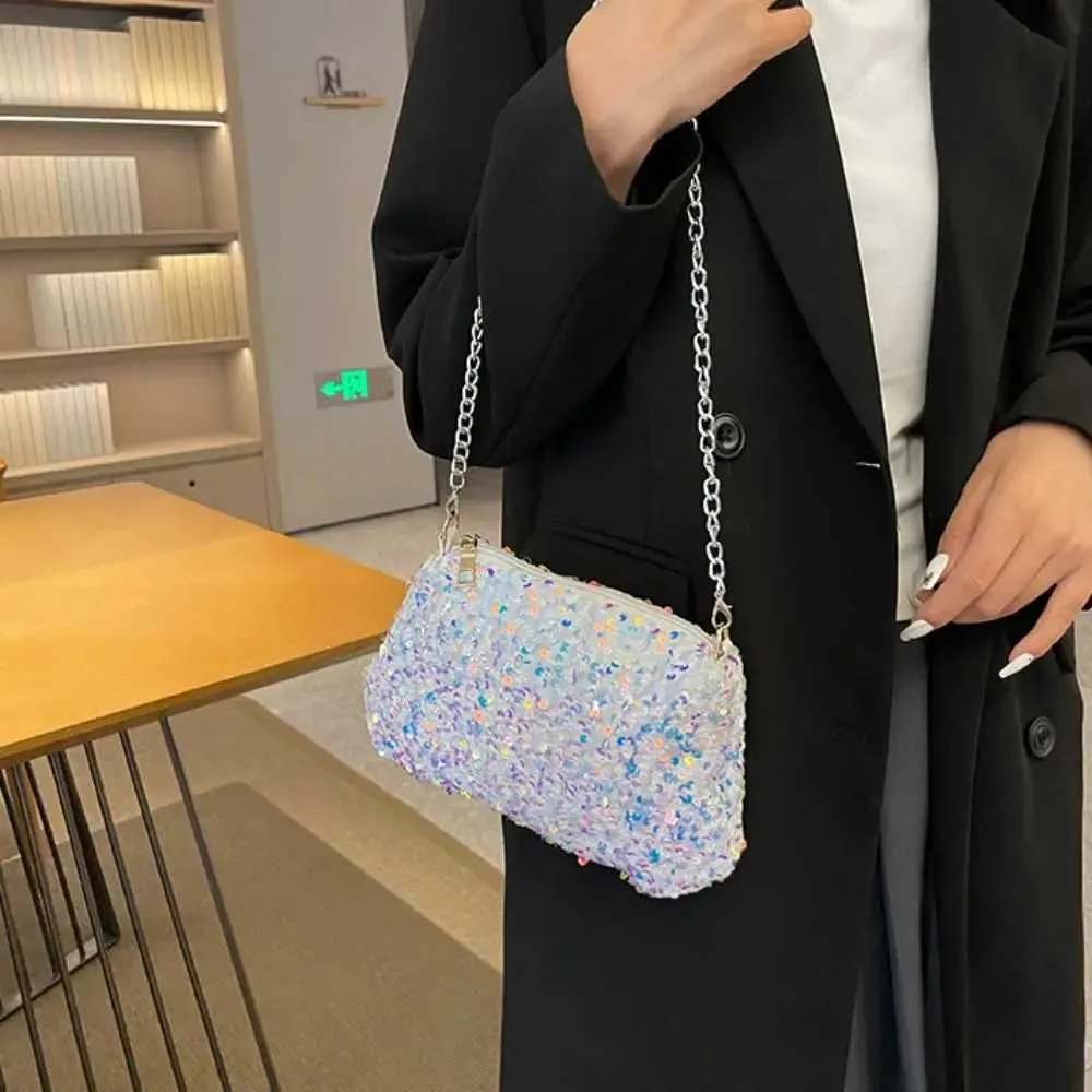 Chain cross body solid color Korean sequin shoulder bag mobile wallet Y241019_voghion.com