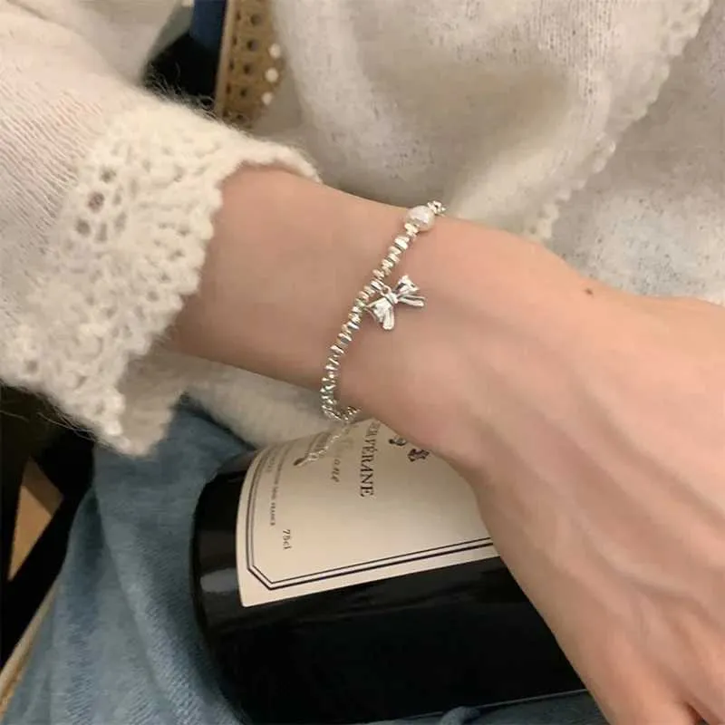 Pearl Bow Charm Bracelet For Women Sterling Silver Double Layer_voghion.com