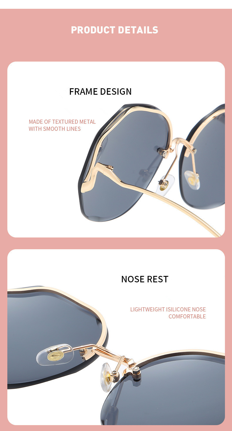 Nuovi occhiali da sole alla moda senza montatura per donna con aste curve in metallo deformato, occhiali da sole con protezione solare ripresi da celebrità di Internet._voghion.com