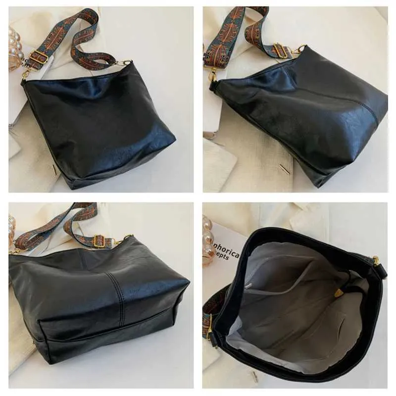 Borsa a tracolla vintage tinta unita in pelle PU da donna alla moda, con tracolla larga e semplice, a secchiello, a tracolla Ba241216_voghion.com