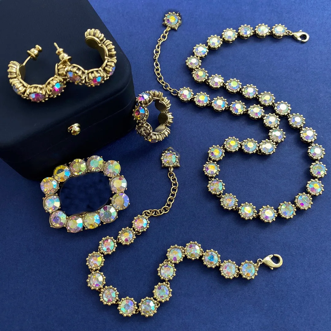Vintage Colored Lion Head Necklace Bracelet Letter Water Diamond brooch Earrings Ring Wedding Jewelry Set With Box Anti_voghion.com