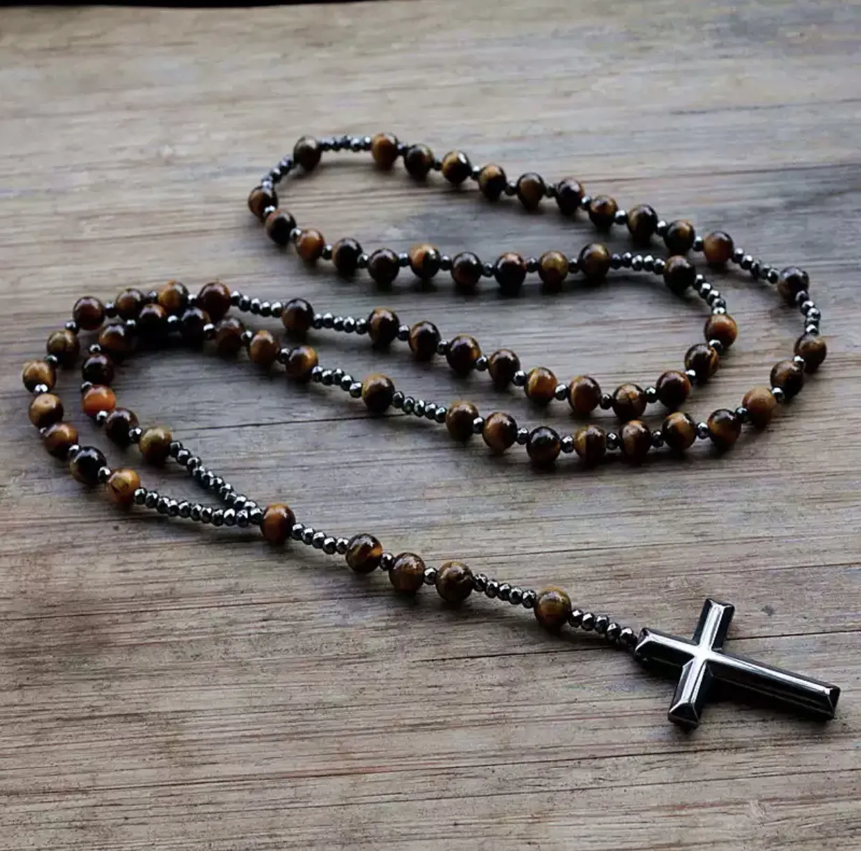Colliers pendentifs en hématite pour hommes, croix, chapelet, collier de perles, crucifix, pour lui, père, bijoux religieux_voghion.com