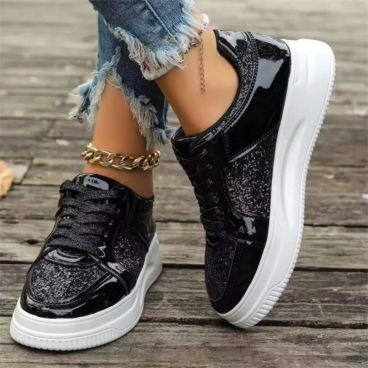Women's Gold Sequins Platform Sneakers Autumn Fashion Casual Sports Thick Bottom Vulcanized Woman Flats Heels Shoes_voghion.com