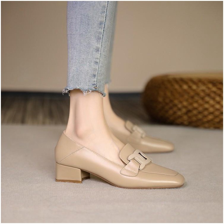 Women's Leather British Style 2022 Spring And Autumn New Chunky Heel Loafers Slip-On Mid-Heel Shoes_vogvips.com