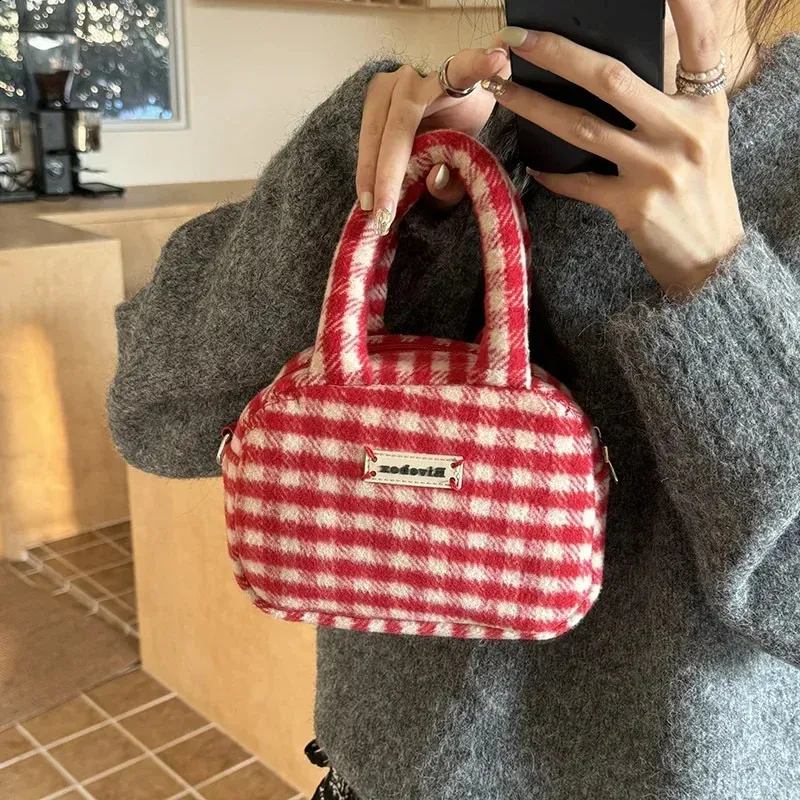 Xiuya Vintage Süße Handtasche für Damen Rot Kariert Buchstaben Weiche Kawaii Crossbody Herbst Winter Schultertasche 240816_voghion.com