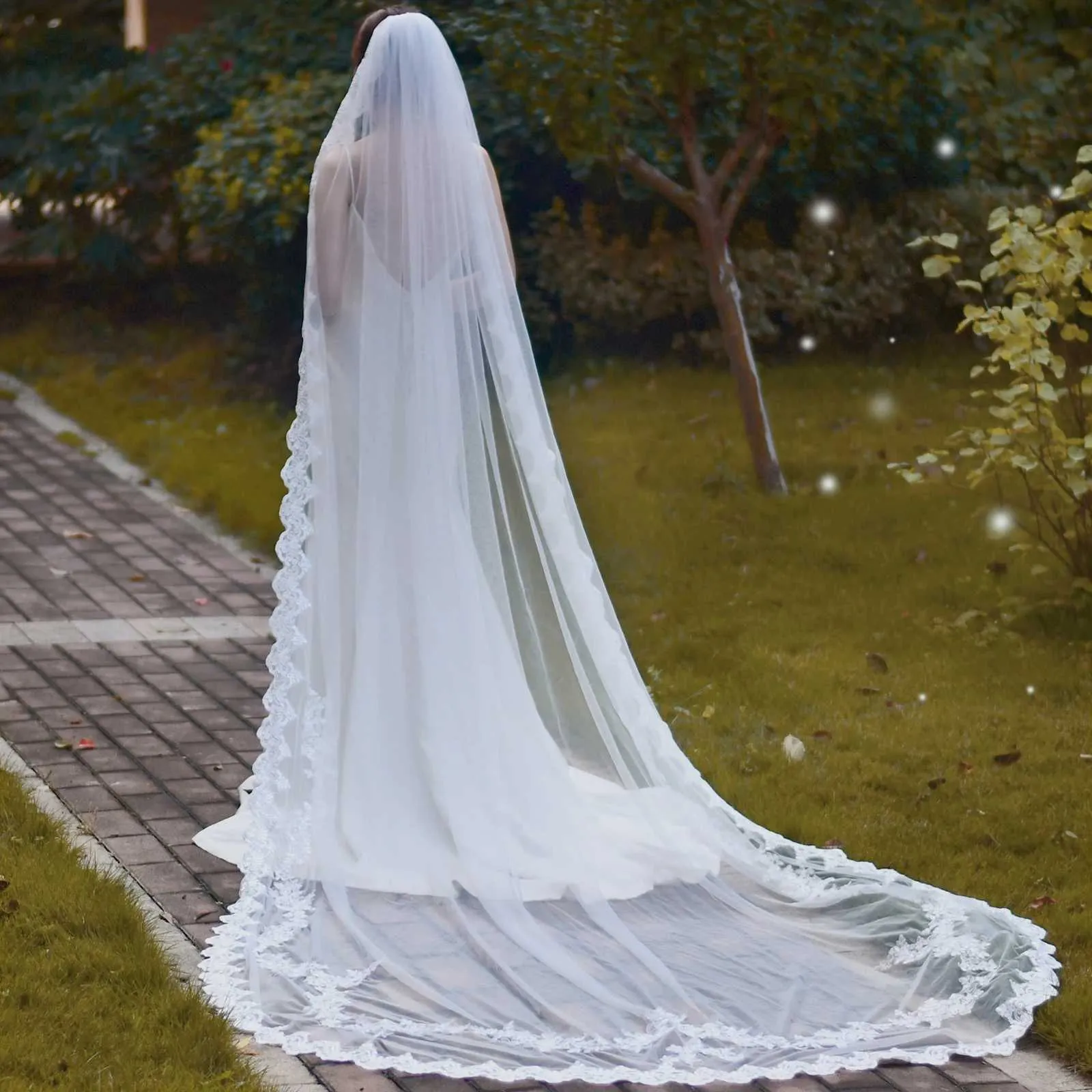 Gioielli per capelli V110 Velo lungo con applicazioni in pizzo Veli da sposa a 1 strato Cattedrale Morbido Tulle Accessori per abito da sposa per la sposa_voghion.com