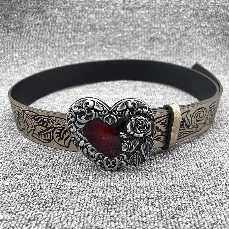 Belts Gothic Women Vintage Knurling Belt Red Heart Shape Buckle Dark Style Waistband Y2k Punk Trend Individual All-match_voghion.com