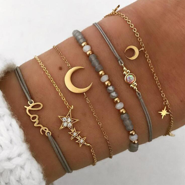 New Style Star Moon Personalized Pendant Bracelet String Grey Bead Handicraft Set of Six Bracelets_voghion.com
