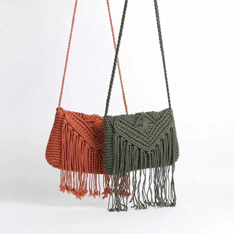 Handmade Cotton Woven Knitted Crossbody Bag With Tassels Vintage_voghion.com