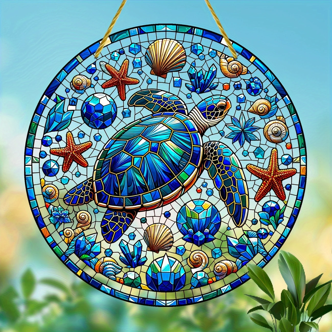 1pc 8''x8'' Round Acrylic Turtle & Starfish Suncatcher, Dyed Wreath Design. Perfect For Room/cafe/outdoor Decor. Holiday Gift Idea._voghion.com