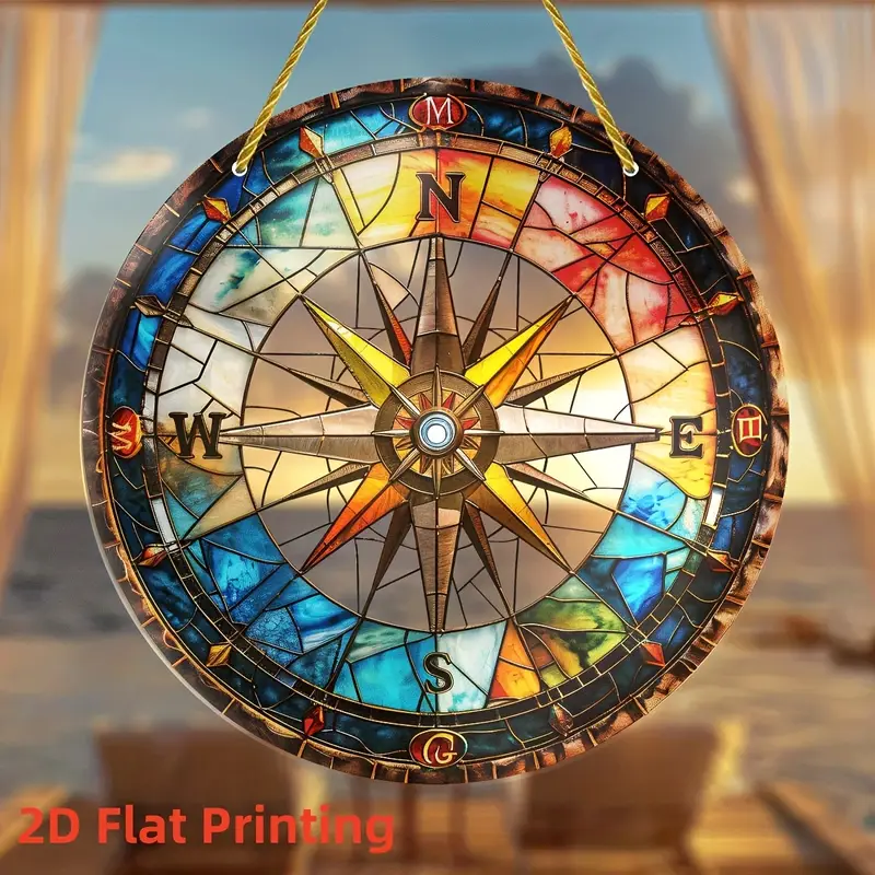 Nautical Compass Suncatcher - 8" Acrylic Art. Colorful Window Decor For Home Or Office, Perfect As A Thoughtful Gift._voghion.com