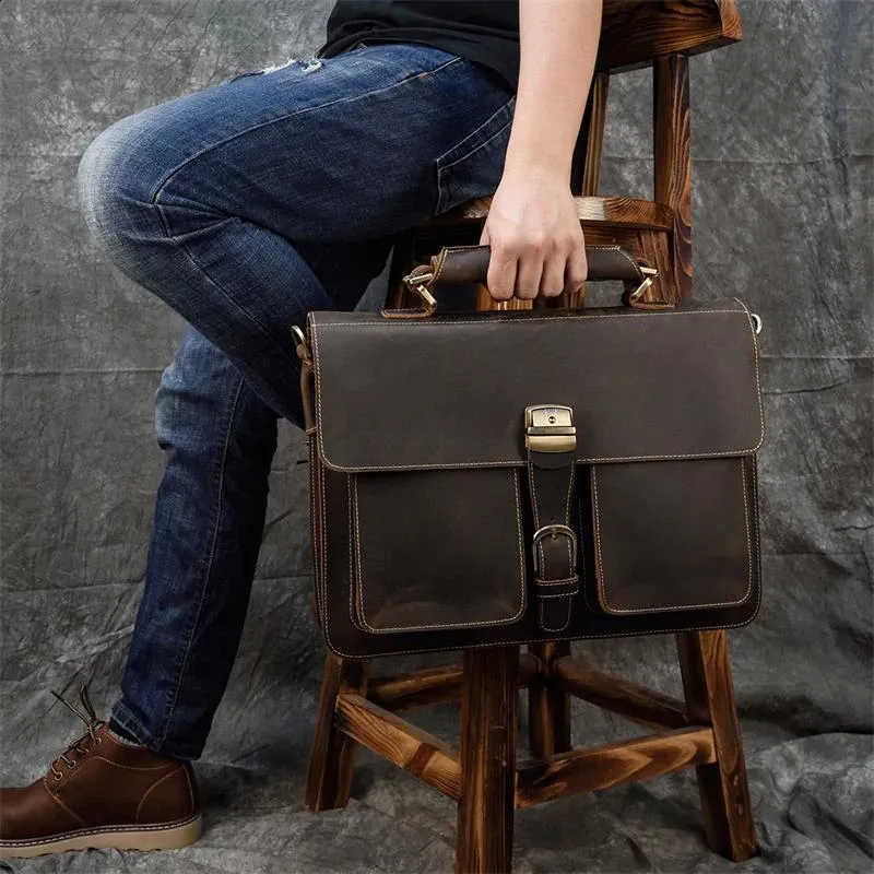 Moda 100% genuino uomo cartella in pelle di mucca laptop vintage spalla vera pelle di mucca borsa per computer 15.6 240815_voghion.com