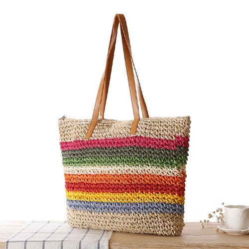 Neue kontrastierend gestreifte Einzelschultertasche aus gewebtem Papier Regenbogen-Stil, Strandtasche, Damentasche im_voghion.com