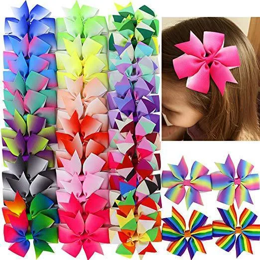 40 adet 3'' Grosgrain Kurdele Butik Fiyonklar Klipsli Pinwheel Gökkuşağı Fiyonk Kızlar Çocuklar İçin Saç Fiyonku Saç Aksesuarları_voghion.com