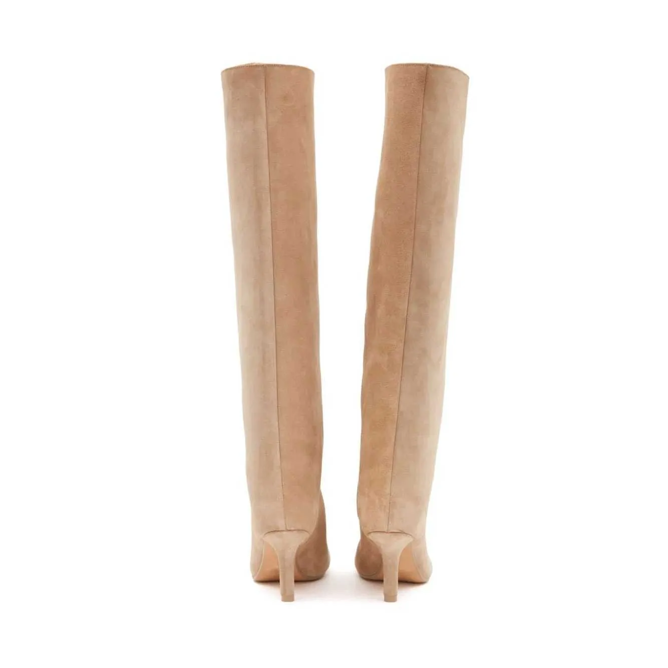 Womens Nude Suede Knee High Square Toe Wide Calnd Foot Pull On Stiletto Heels Fashion Dress Tall Riding Boots Ladies_voghion.com