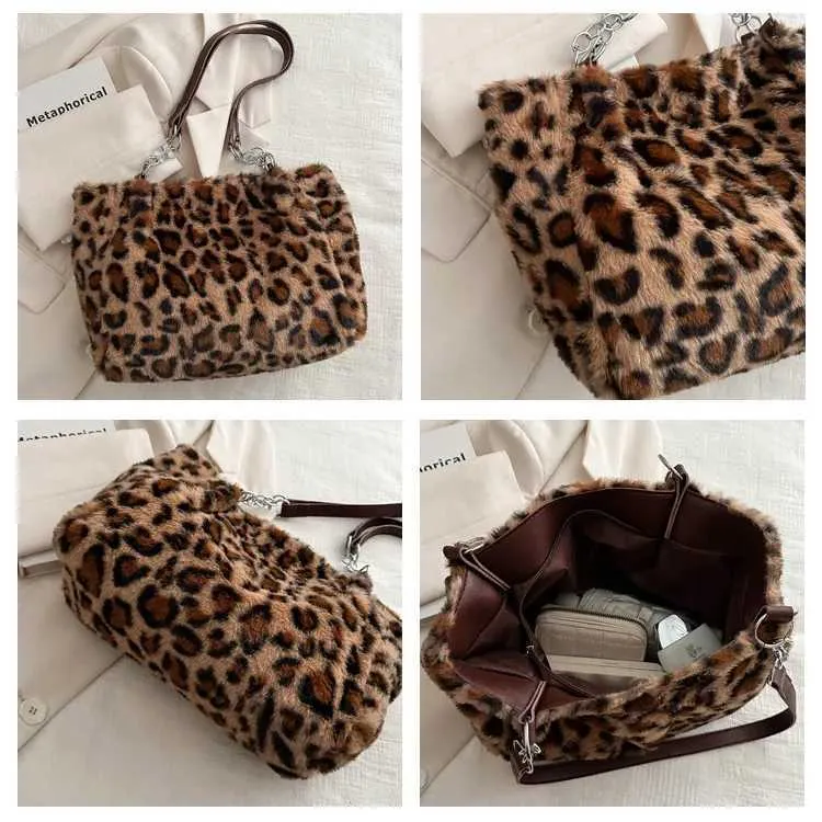 Le sac à bandoulière en peluche imprimé léopard pour femme est un sac à bandoulière décontracté et à la mode avec une grande capacité et une texture haut de gamme_voghion.com