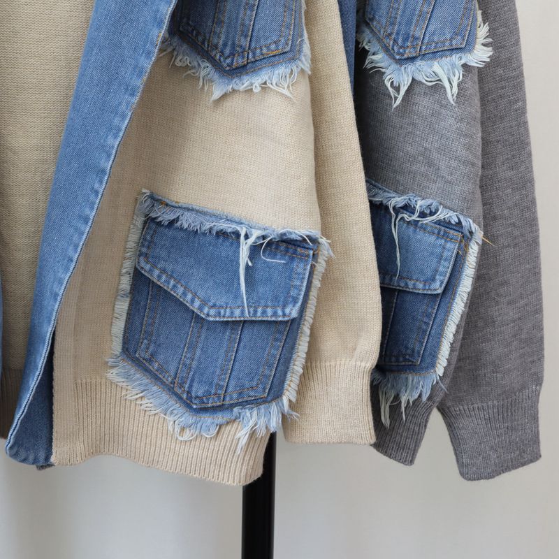 Women's Clothing new denim splicing sweater jacket design loose casual versatile knitted cardigan trend_voghion.com