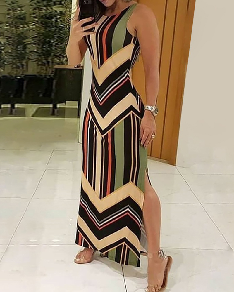 Women's Clothing Colorful Printed Sleeveless Slit Dress-Front Positioning