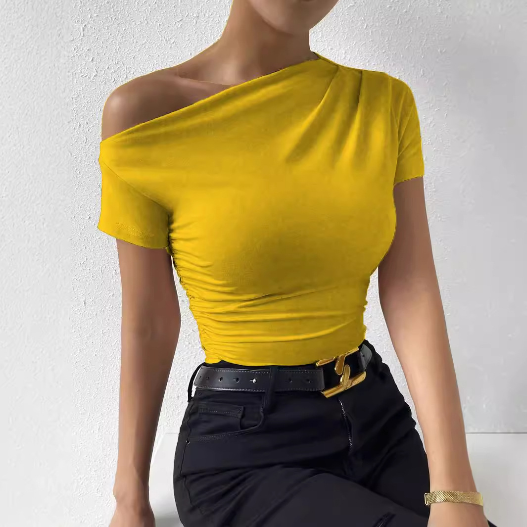 Women's Clothing Spring And Summer New Slim Pleated Irregular Short Sleeved T Shirt Top