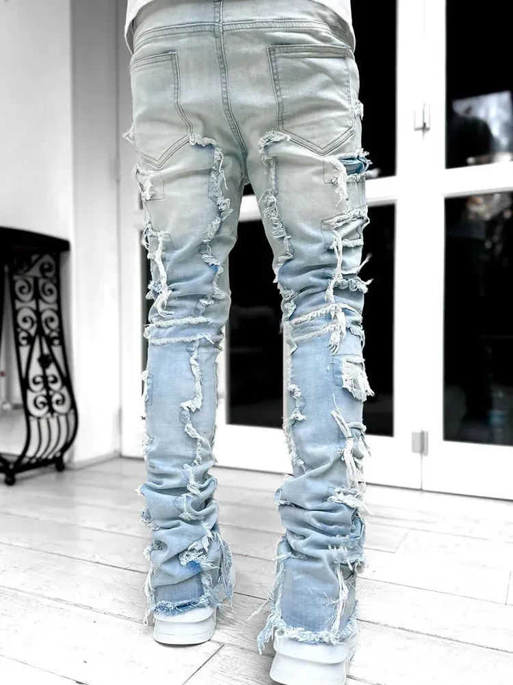 High Street Weiße Herren Stacked Jeans Stretched Patchwork Tassel Damaged Denim Volle Länge Hosen Hippop Hosen Für Männer_voghion.com