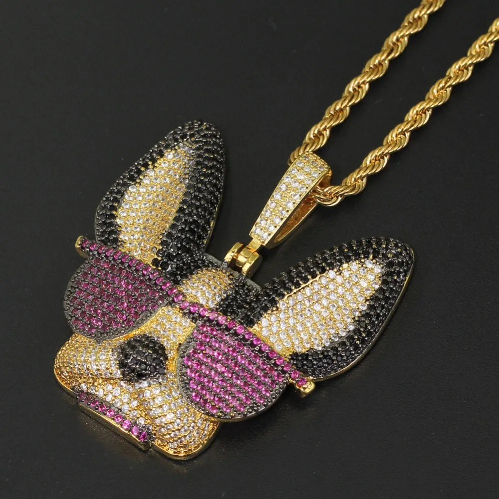 Colgante de latón con circonita cúbica grande y diseño de perro ingenioso con gafas, collar de estilo hip hop helado para hombres y mujeres, joyería de fiesta, regalo CN1371_voghion.com