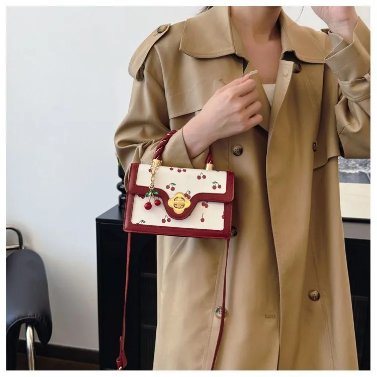 Fashion Crossbody - Cute Cherry Print Small Square Bag With Fresh Color Contrast, Lightweight For Daily Use_voghion.com