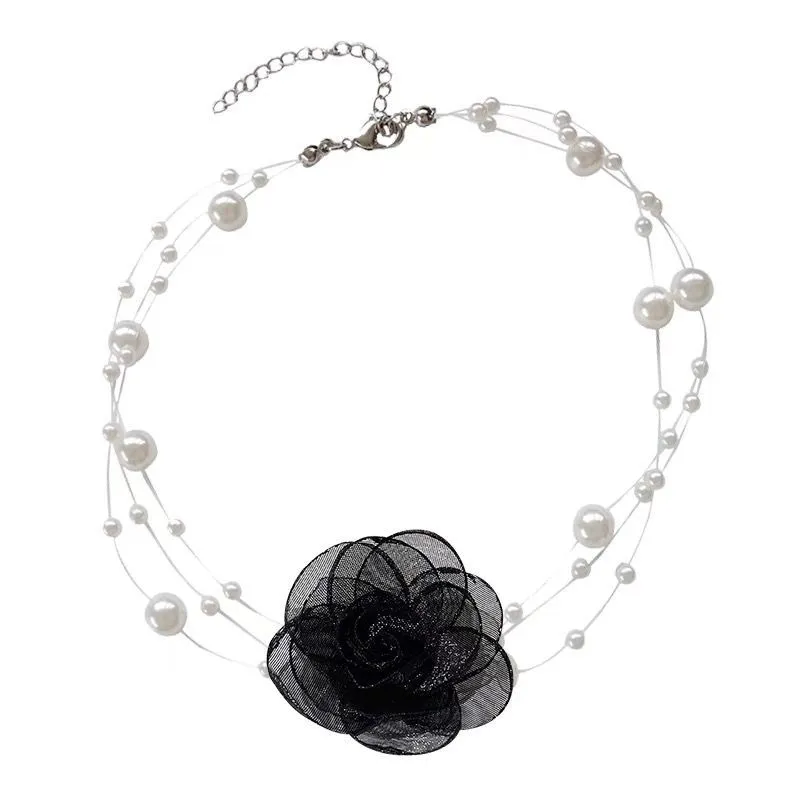 Chaînes Français Romantique Noir Et Blanc Ras Du Cou Fleur Collier De Perles Femme Été Clavicule Chaîne_voghion.com