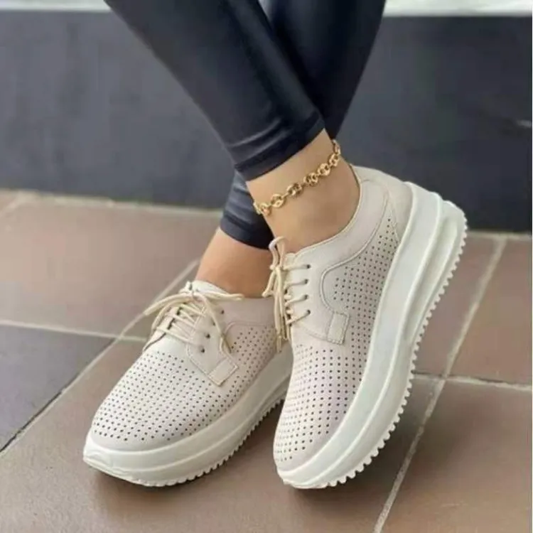 Women's Shoes Fashion Casual Solid Color Hollow Breathable Round Toe Strap Flat-heeled Platform Comfortable Sneaks_voghion.com