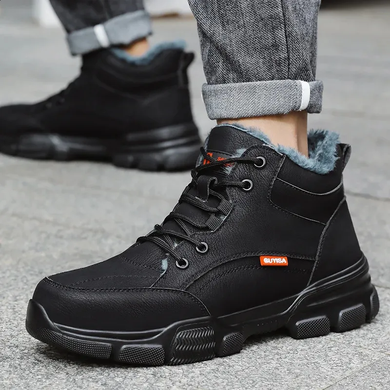 Bottes de sécurité d'hiver en cuir noir pour hommes, chaussures de travail imperméables et anti-pression, embout en acier indestructible_voghion.com