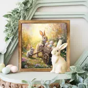 Rustikales Holzschild „Hase und Schubkarre“ (20,3 x 20,3 cm) – Bauernhaus-Wandkunst für Eingangsbereich, Küche und Wohnzimmer | Osterdeko und Geschenk_voghion.com