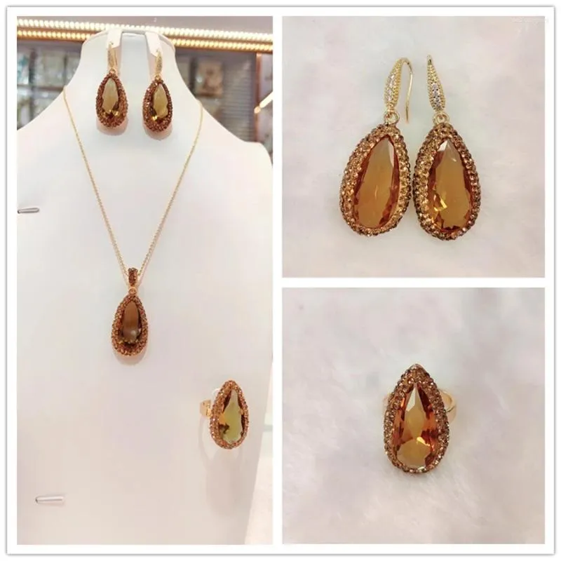Halsketten-Ohrringe-Set, Sudanstein, türkischer Farbwechselschmuck, Strass, Wassertropfenform, Zultanit-Kristall, 3-teilig_voghion.com