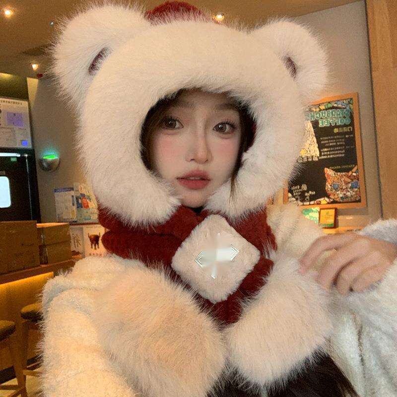 Sciarpa di pelliccia da donna per autunno e inverno, spessa protezione per le orecchie, circonferenza della testa grande, viso piccolo, rosso angora_voghion.com