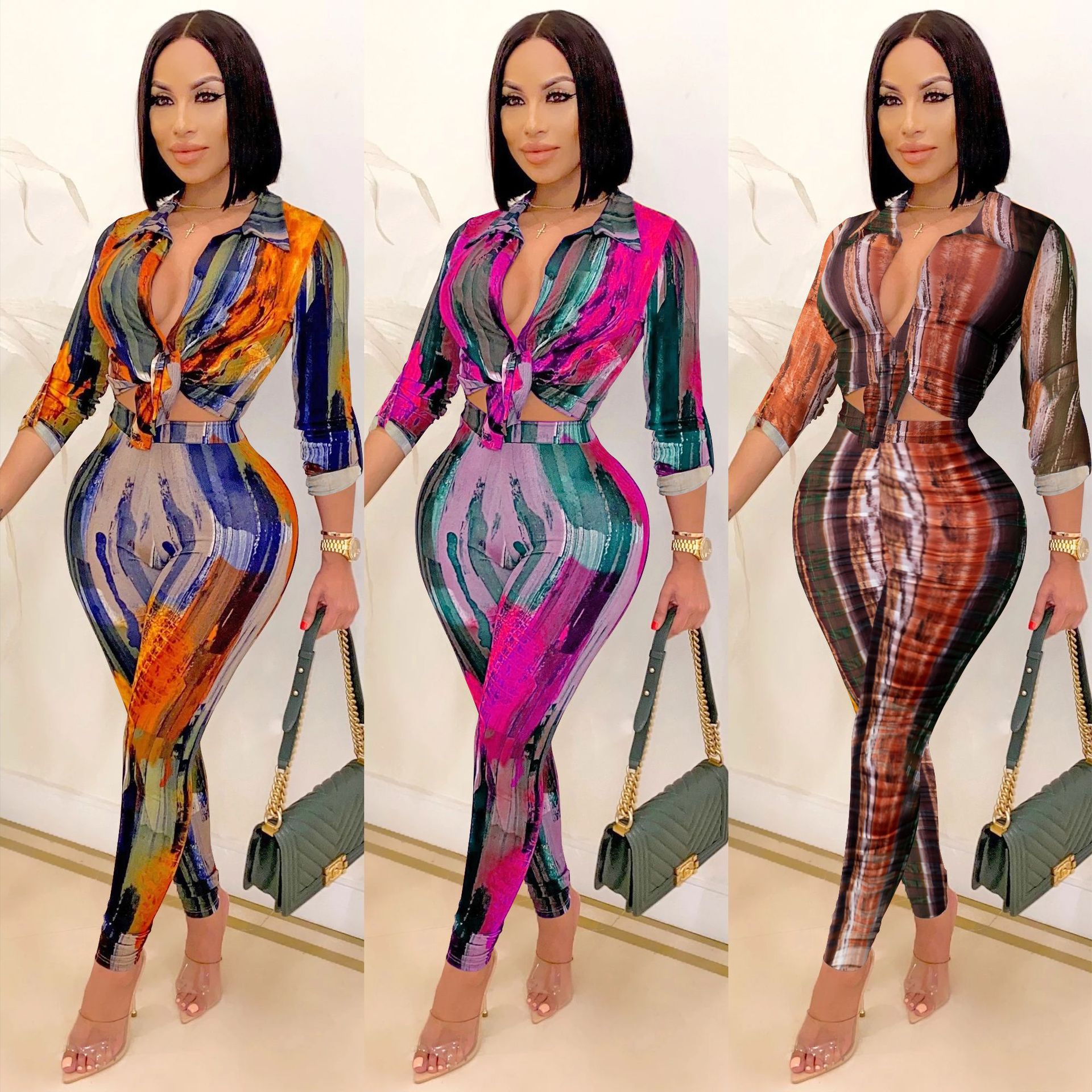 Women's Clothing New Fashion Digital printing V-neck long-sleeved trousers two-piece set for women