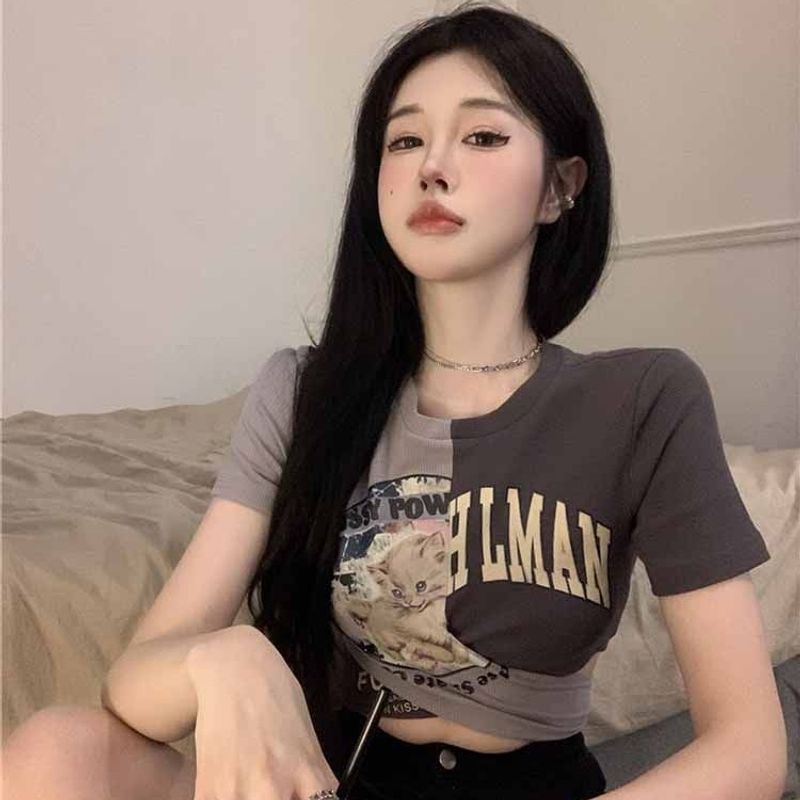 Spicy Girl Strap T-shirt met korte mouwen voor de zomer van vrouwen Instagram Trendy ontwerp, kleine opdruk, strak kruis, unieke top_voghion.com