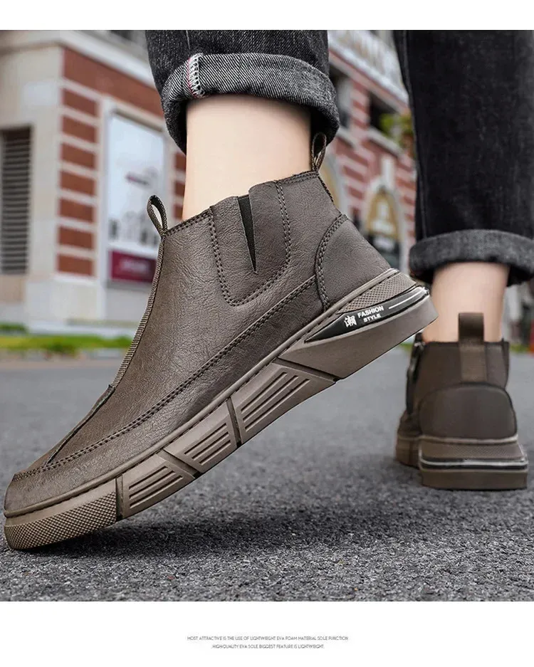 Tendance mode printemps bottes de travail anglaises haut de gamme chaussures décontractées mi-mollet polyvalentes pour hommes matériau PU imperméable 240629_voghion.com
