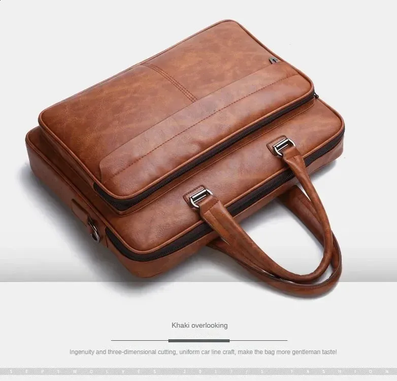 Sac à bandoulière en cuir PU grande capacité, portable, décontracté et étanche, pour hommes, porte-documents, sac pour ordinateur portable 240813_voghion.com