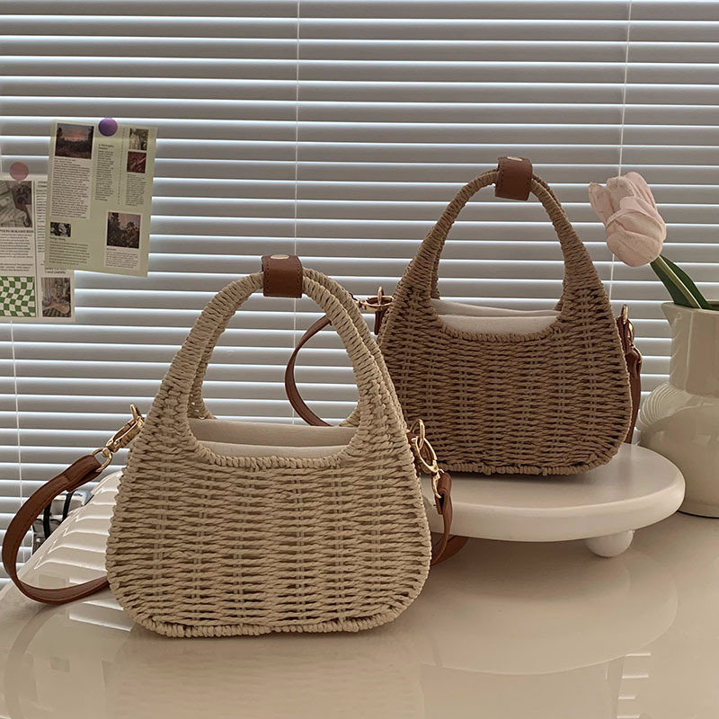 Einteilige Umhängetasche aus Stroh, vielseitige handgehaltene Strohtasche, gewebte Tasche, Urlaubs-Strandtasche, koreanische Rattantasche_voghion.com