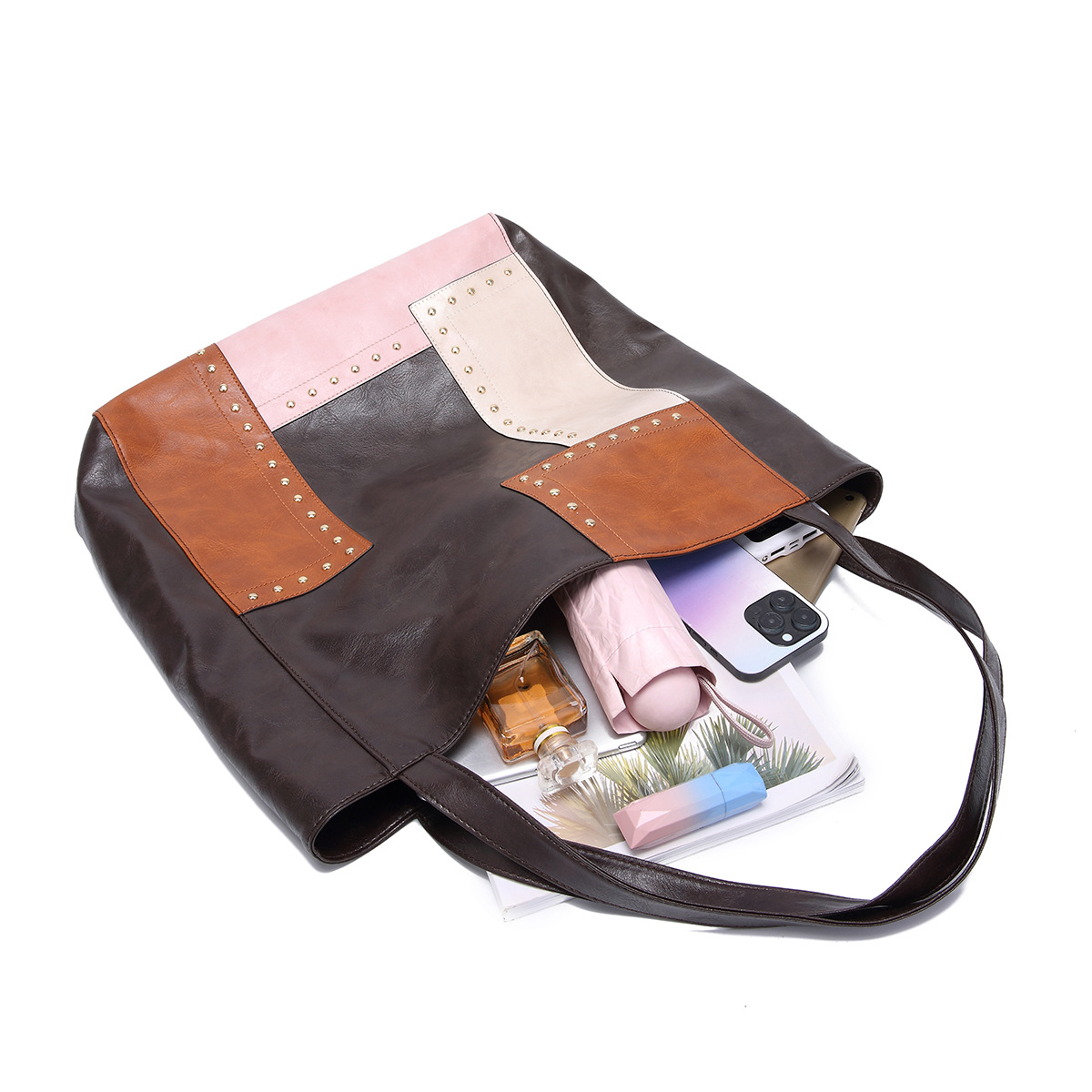 Borsa da donna, stile retrò, con rivetti, cuciture a contrasto, grande capacità, borsa a tracolla da donna_voghion.com