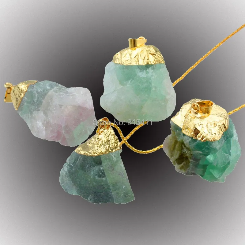 Colliers pendentifs en fluorite verte naturelle de forme libre plaquée or avec pierre précieuse irrégulière de qualité supérieure, bijoux de guérison énergétique Reiki_voghion.com