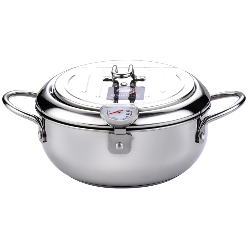 Pentola per friggere giapponese con termometro e coperchio in acciaio inox 304, padella per friggere tempura da cucina, 20-24 cm KC0405_voghion.com