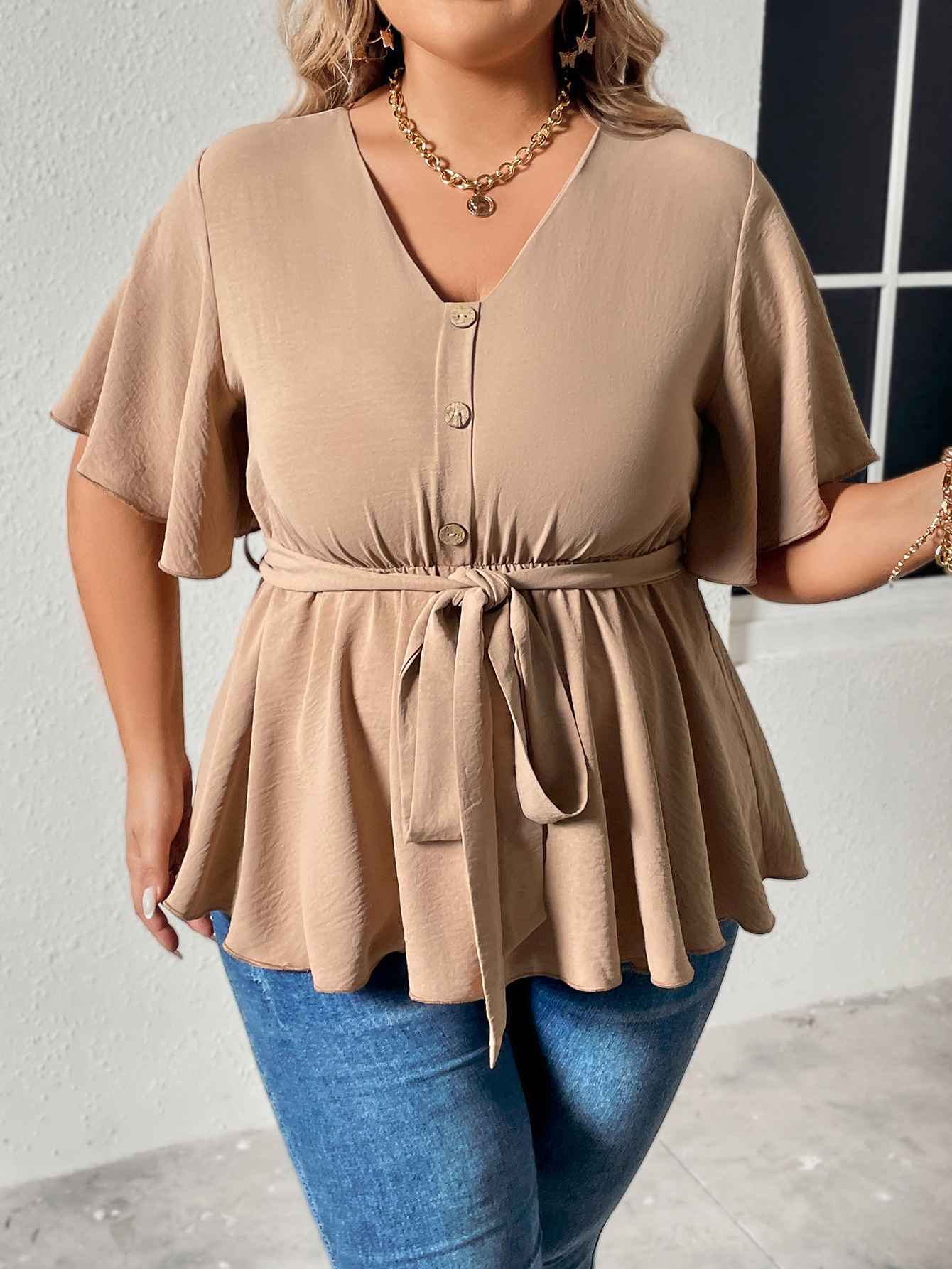 Damen V-Ausschnëtt Schlankheets-Tops fir grouss Gréissten MM Casual Damen_voghion.com