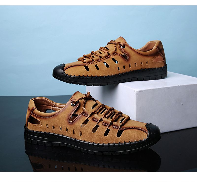 Sommer nye herresandaler, udendørs strand håndlavede hule åndbare fritidssko med hul, snørebånd indpakkede lædersko_voghion.com