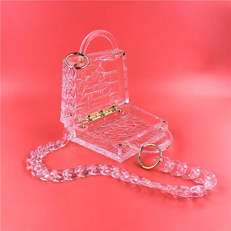 Borsa a mano trasparente con motivo a crepe di ghiaccio, pochette trasparente per donna, borsa da sera con secchiello e catena in acrilico 2024_voghion.com