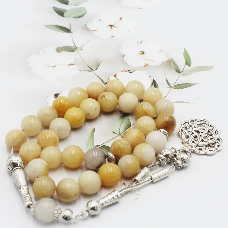 Ketten 33 reine natürliche 12mm alte gelbe Jade Muslimische Perlen Armband Islamisches Chanting Tasbeeh Tasbih_voghion.com