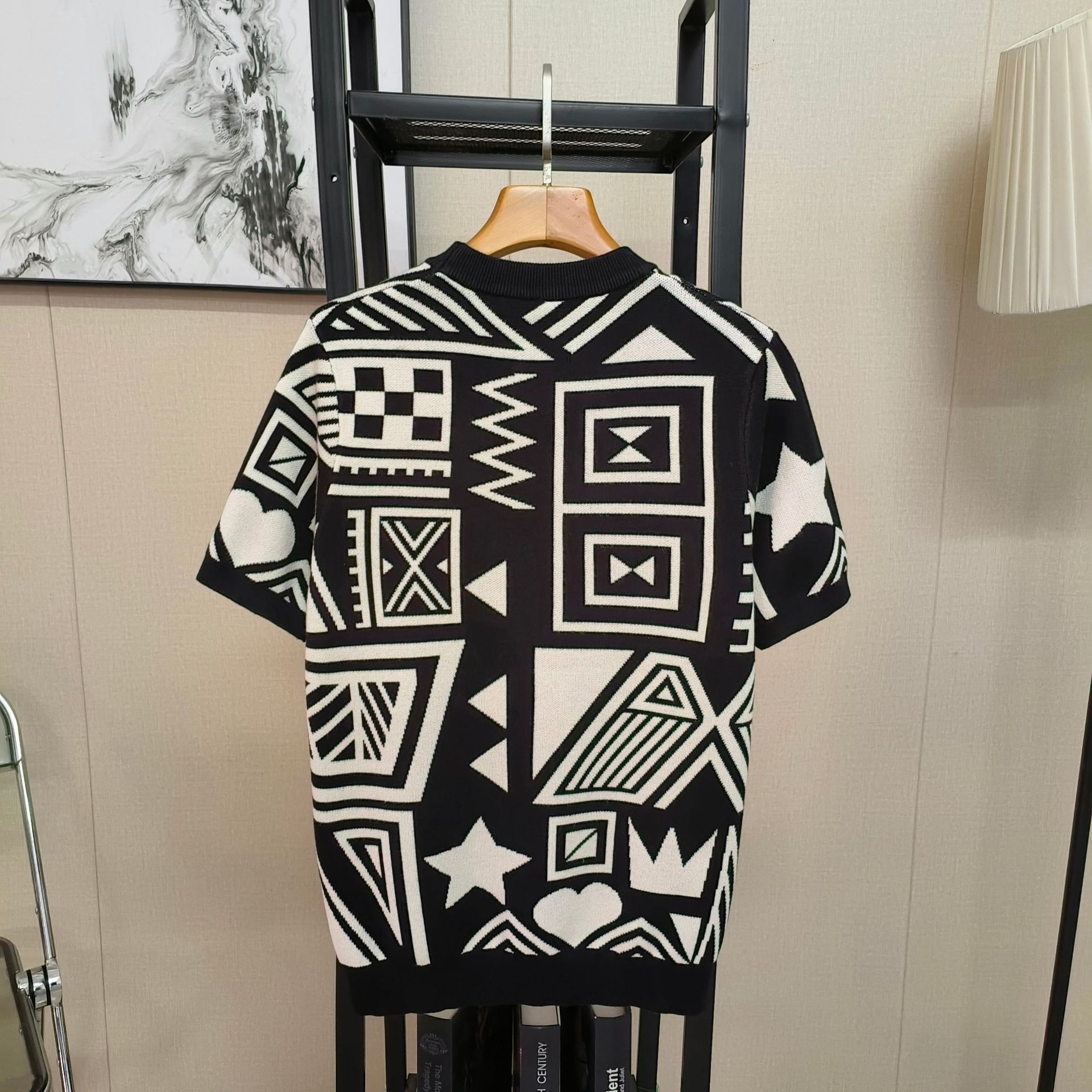 Herrenbekleidung Dicker, warmer Pullover mit Rundhalsausschnitt im neuen Stil für Herbst und Winter, kurzärmeliger, locker bedruckter geometrischer Pullover_voghion.com