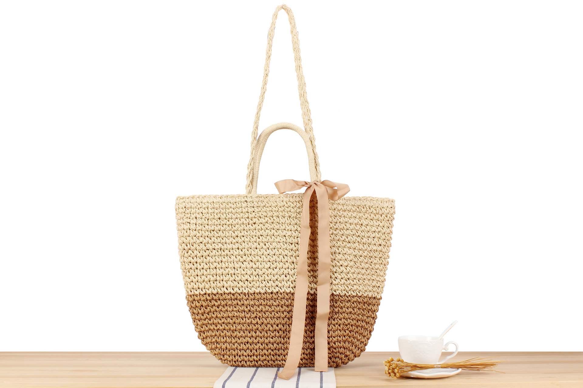 Borsa da spiaggia in stile pastorale con tracolla singola in paglia da donna_voghion.com