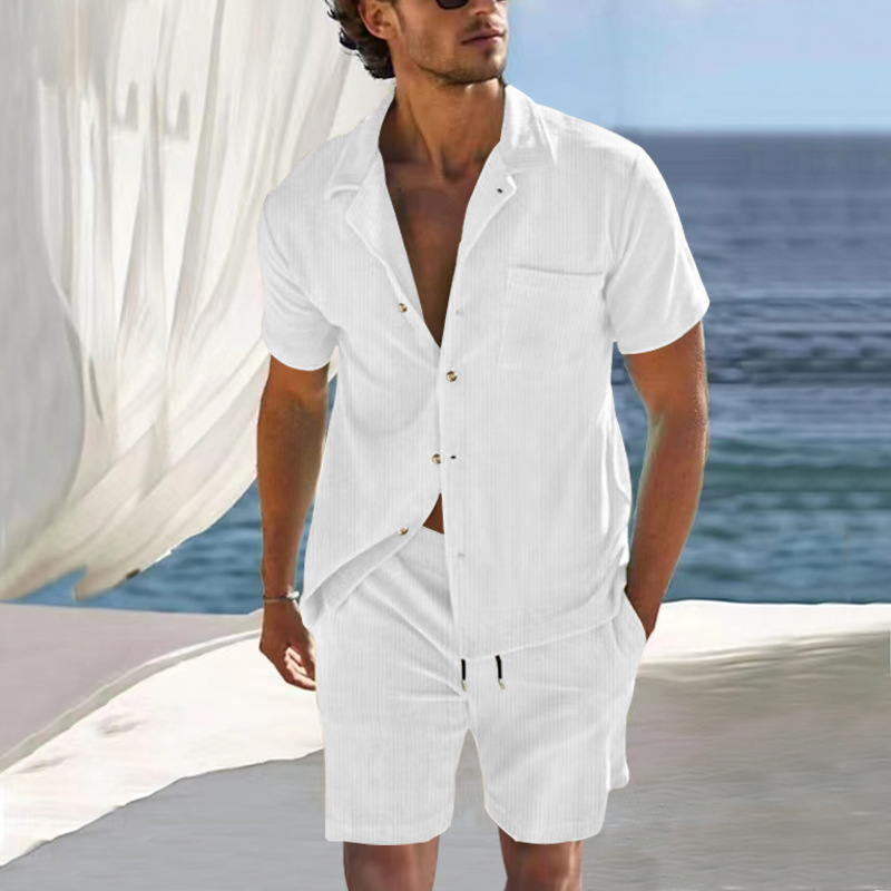 Men's Clothing 2024 men's new casual and comfortable button lapel shirt short sleeved shorts suit