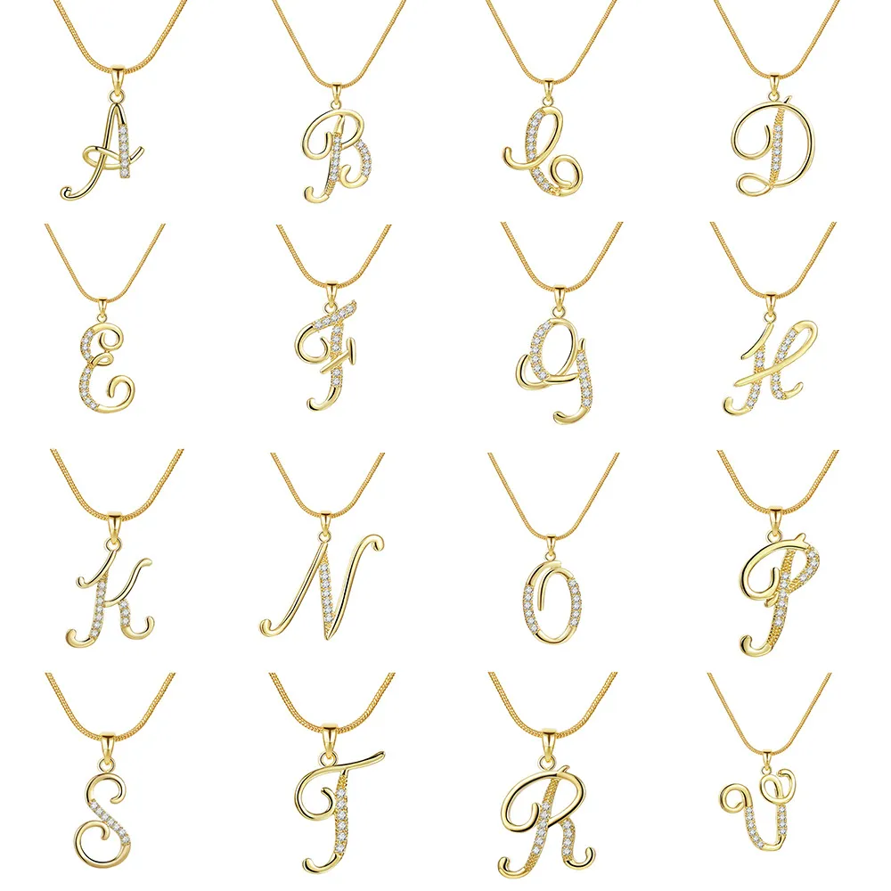 Colliers pendentifs personnalisés CZ A-Z Alphabet Collier Bijoux Plaqué Or Lettre Initiale Cursive Vieil Anglais_voghion.com